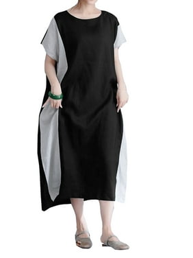 H.eternal Womens Plus Size Loose Long T-Shirt Muslim Dress Short Sleeve Swing Dress Cocktail Formal O-Neck Three Quarter Sleeve Skirt Solid Color
